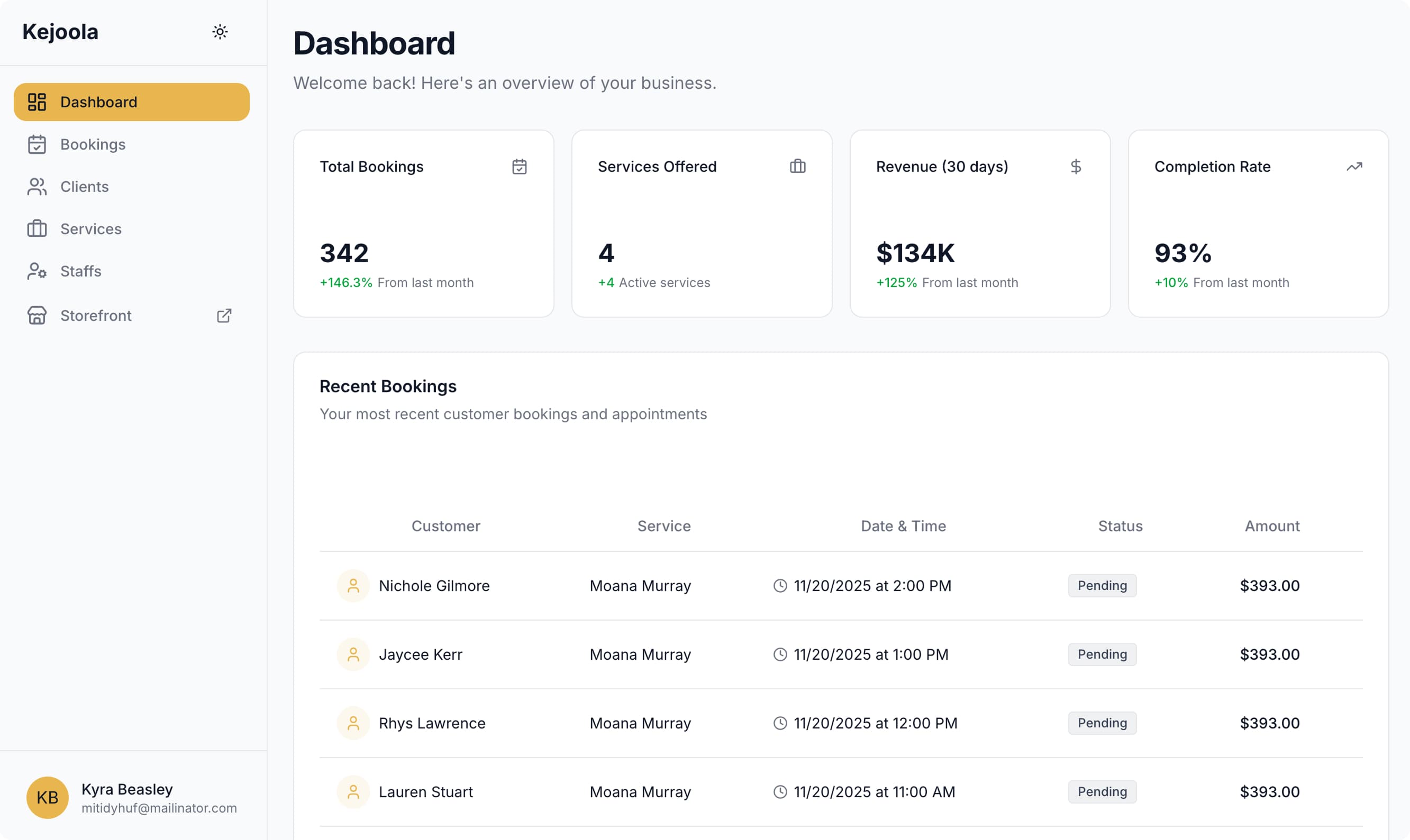 Dashboard screenshot showing booking management interface