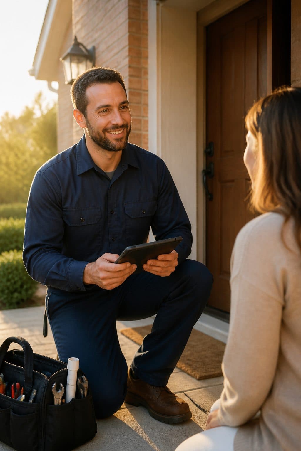 Home service technician greeting a homeowner at her front door