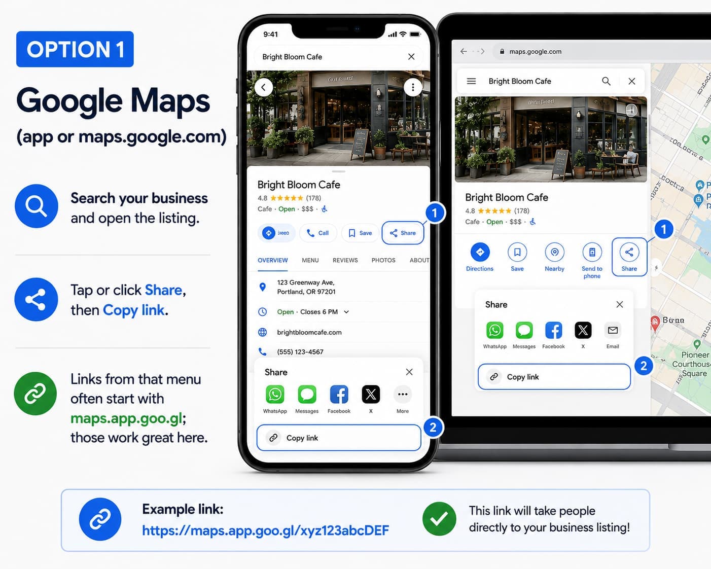 Step-by-step guide to copying a Google Maps listing link on mobile and desktop