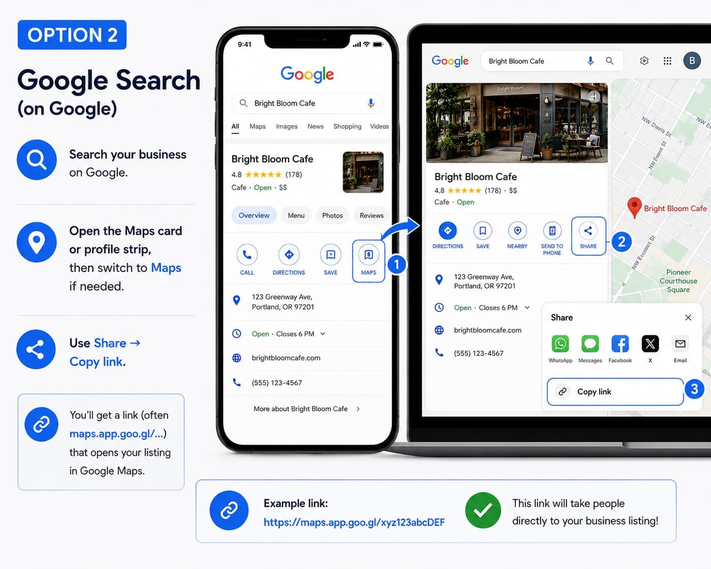 Step-by-step guide to copying a Google Business listing link from Google Search