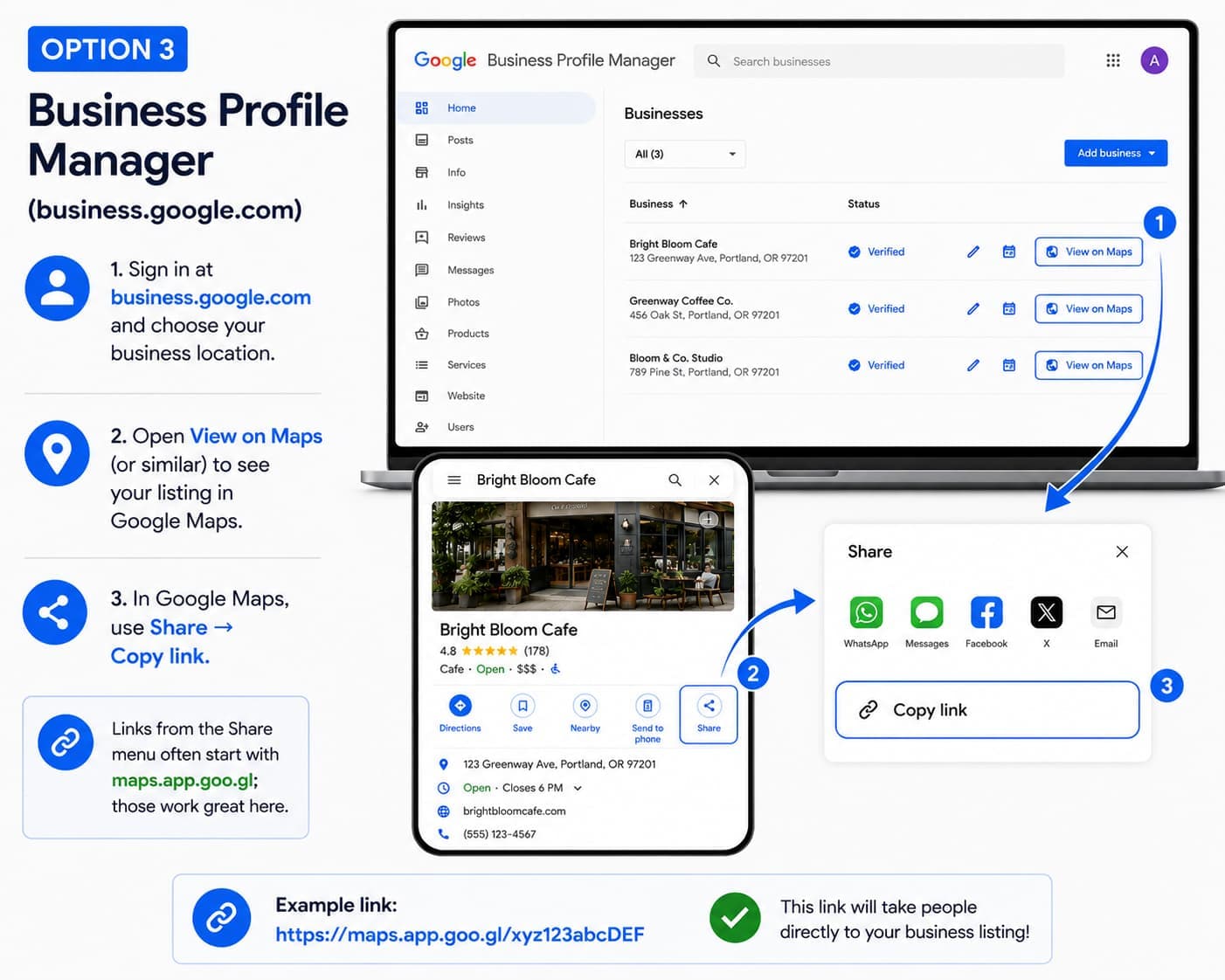 Step-by-step guide to copying a listing link from Google Business Profile Manager